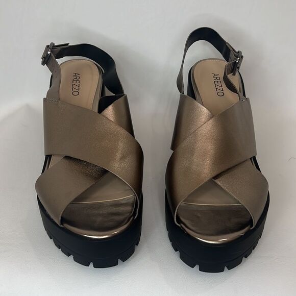 Arezzo Sandals Size 10 Metallic Gold Wedge Adjustable Elastic Strap Made Brazil - Picture 3 of 12